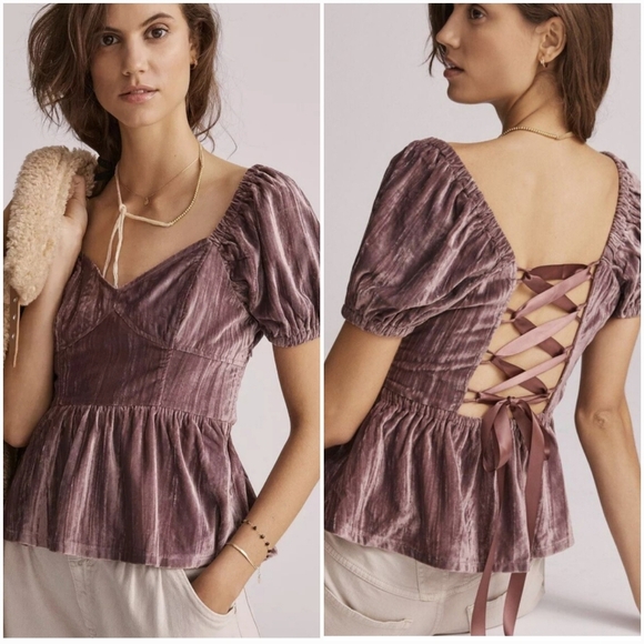 Anthropologie, New, Porridge Purple Velvet Lace-up Peplum Shirt, Size Large - Picture 1 of 16